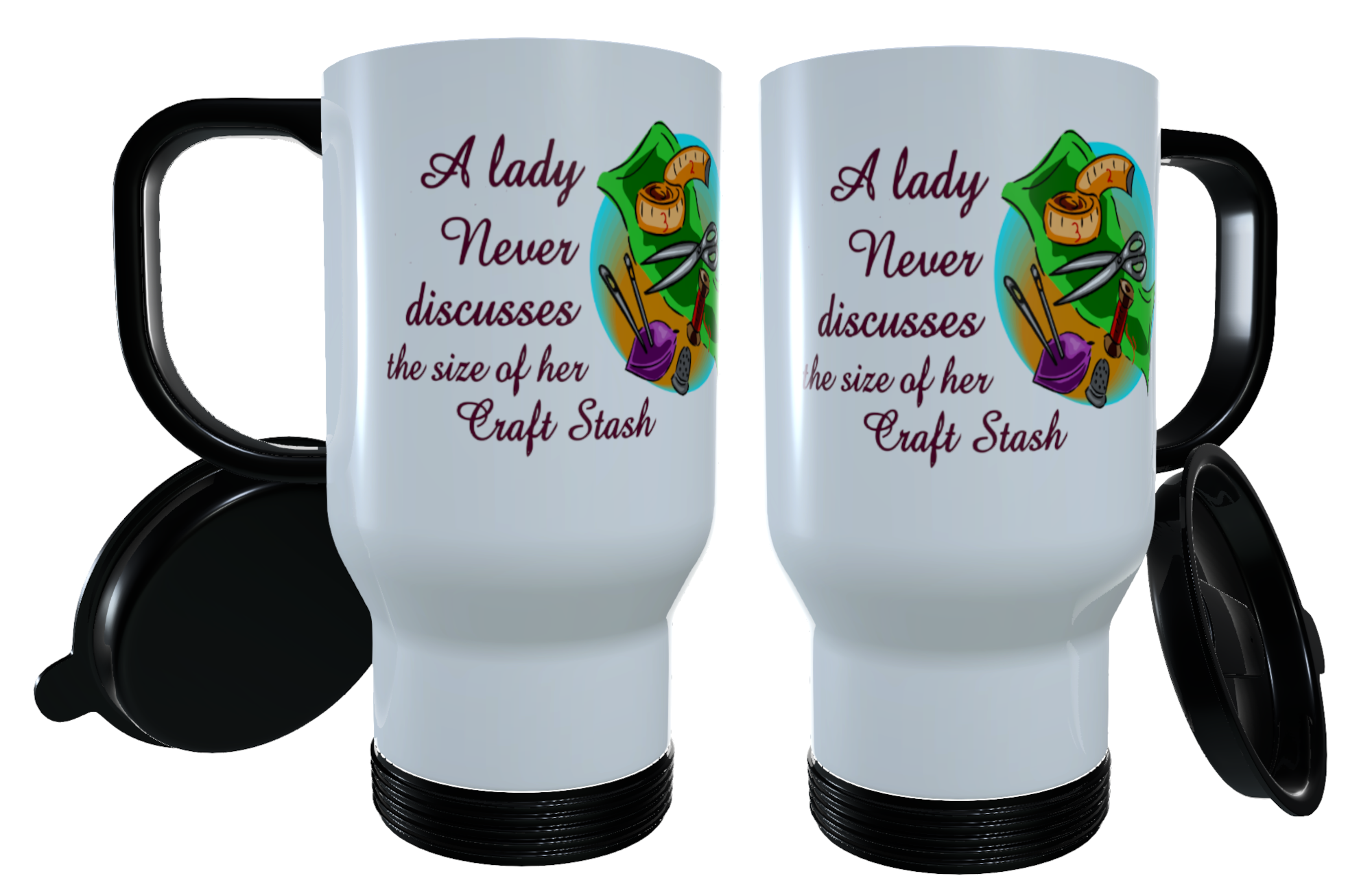 Crafter Travel Mug, A Lady Never Discusses The Size Of Her Craft - Click Image to Close